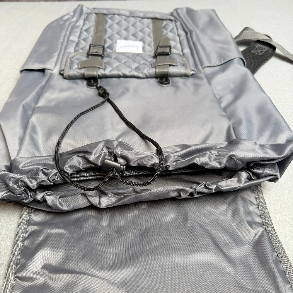 Journeyman Gray Quilted Nylon Drawstring Backpack Magnetic Buckle Straps Travel